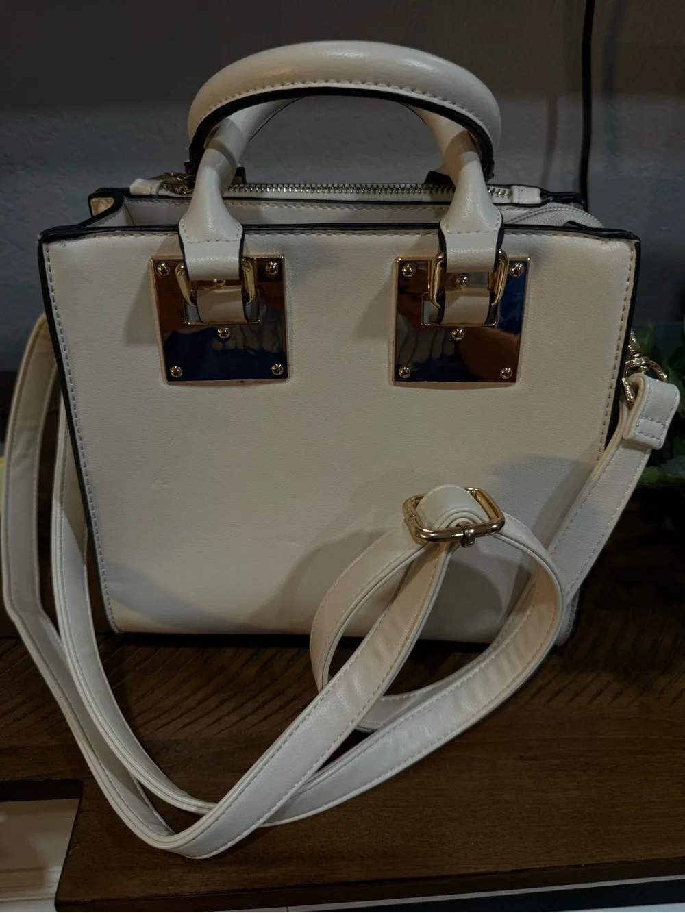 Cream Structured Top-Handle Satchel with Gold Hardware
